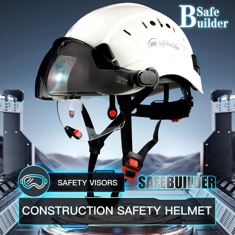 SAFEBUILDER خوذة أمان قبعة صلبة مع قناع شفاف وملون قابل للتعديل ABS تنفيس خوذة عمل 6 نقاط تعليق ANSI Z89.1 معتمدة للأغراض الصناعية (01-قبعة بيضاء مع قناع شفاف وملون) - Image 2